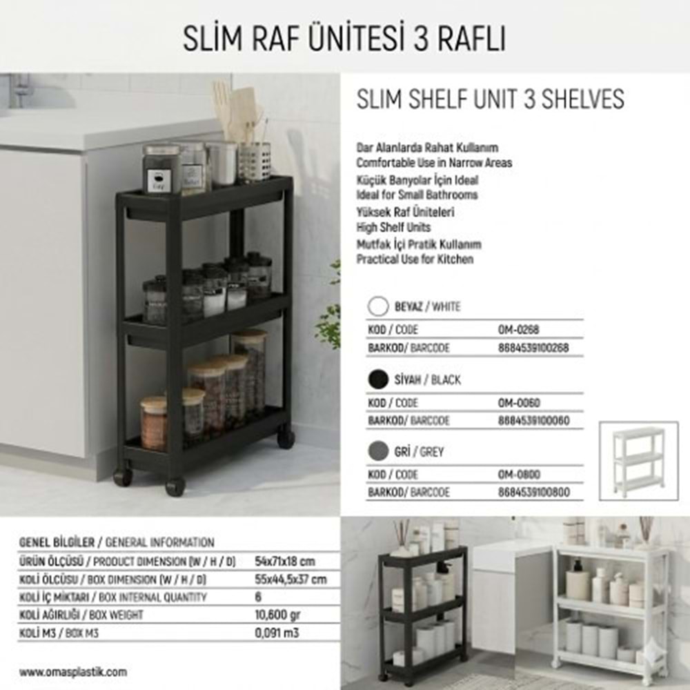OMAŞ SLİM TEKERLEKLİ 3 KATLI RAF SİYAH *6