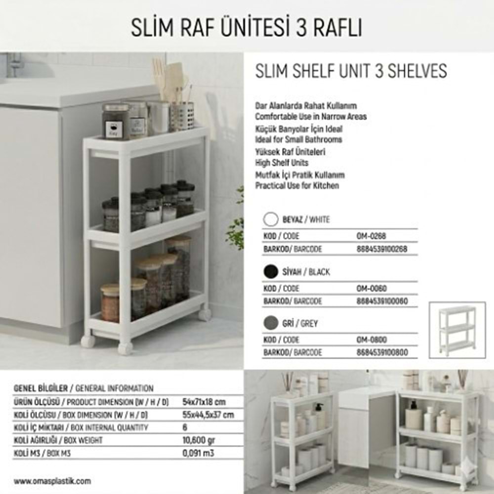 OMAŞ SLİM TEKERLEKLİ 3 KATLI RAF BEYAZ *6