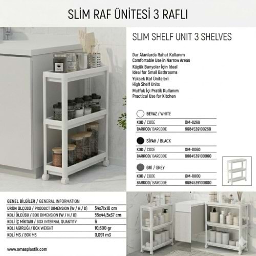 OMAŞ SLİM TEKERLEKLİ 3 KATLI RAF BEYAZ *6