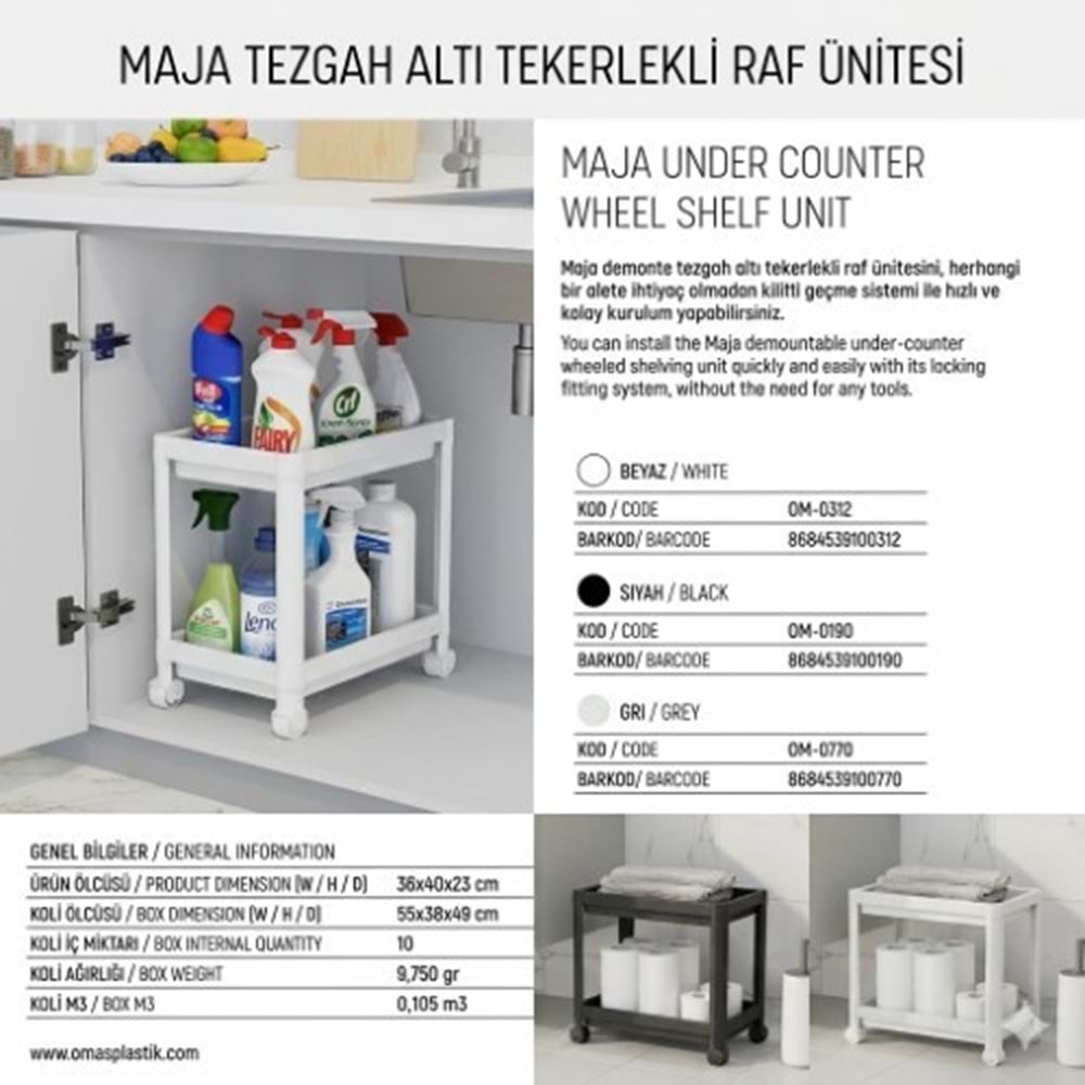 OMAŞ MAJA TEZGAH ALTI TEKERLEKLİ RAF BEYAZ*10