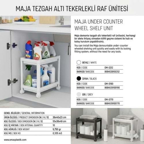 OMAŞ MAJA TEZGAH ALTI TEKERLEKLİ RAF BEYAZ*10