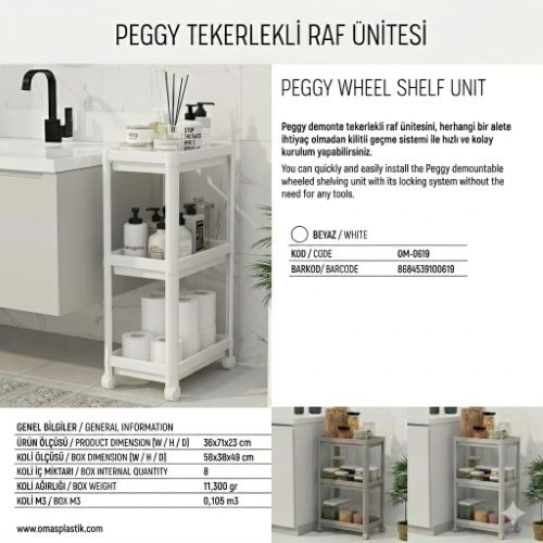 OMAŞ PEGGY TEKERLEKLİ RAF 3 KATLI BEYAZ*8