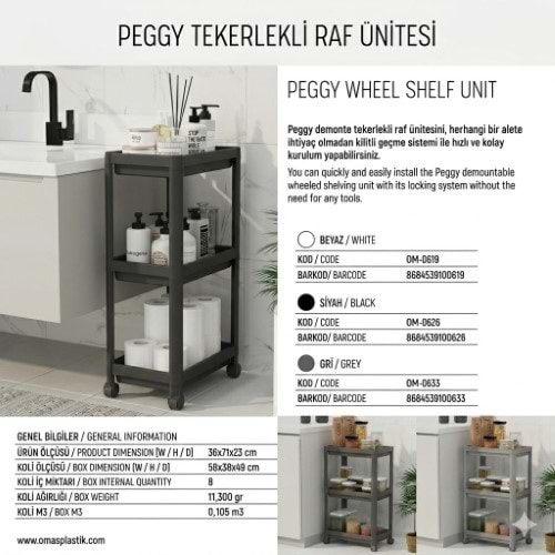 OMAŞ PEGGY TEKERLEKLİ RAF 3 KATLI SİYAH *8