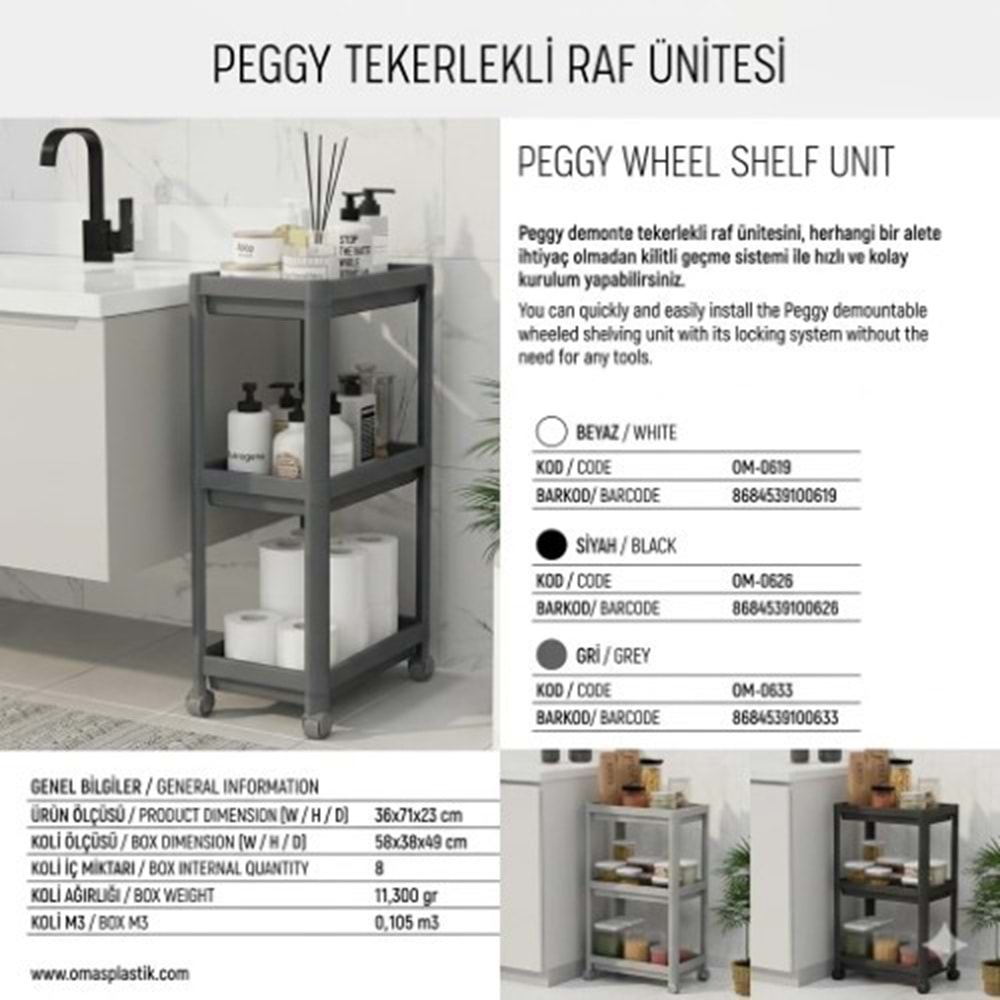 OMAŞ PEGGY TEKERLEKLİ RAF 3 KATLI GRİ *8