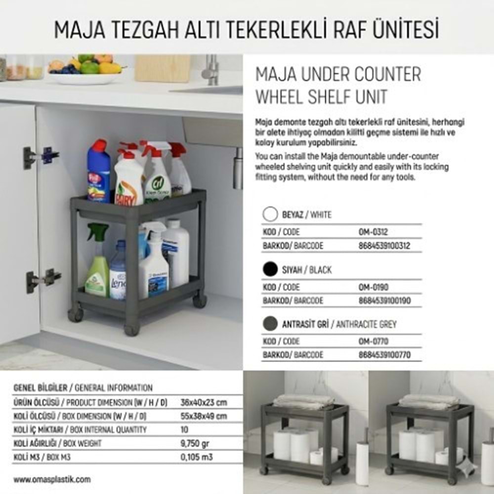 OMAŞ MAJA TEZGAH ALTI TEKERLEKLİ RAF GRİ*10