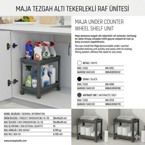 OMAŞ MAJA TEZGAH ALTI TEKERLEKLİ RAF GRİ*10